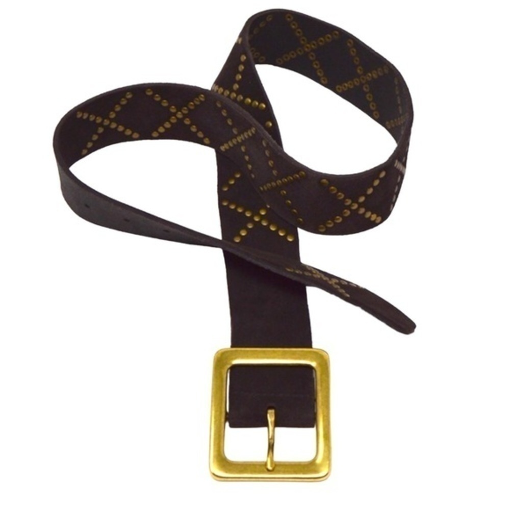Rich Brown Soft Leather‎ Bronze Stud Belt with Square Gold Tone Buckle